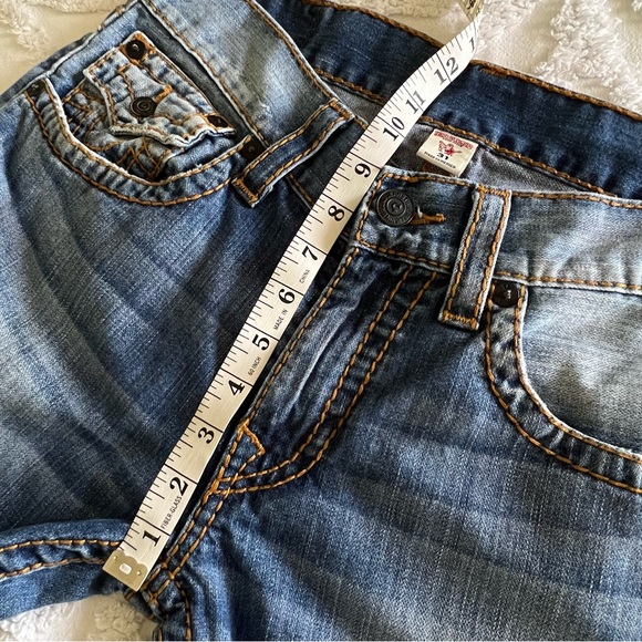 True Religion Big T Straight Flap Red Orange Stitch Distressed Denim Blue Jeans - Picture 15 of 16